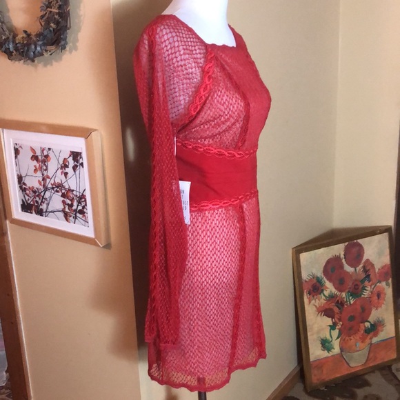 FREE PEOPLE Size Large Lace Cocktail Dress Cherry Red Scalloped Bodycon $250NWT - Picture 4 of 16